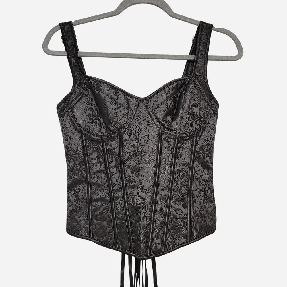 Women's Black Floral Brocade Jacquard Corset Ren Fair Whimsigoth Dark Coquette